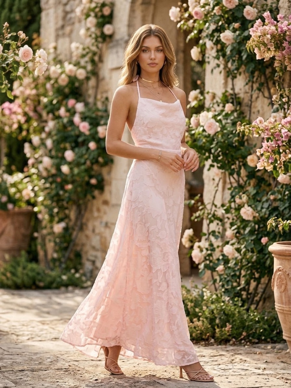 Elegant Pink Floral Maxi Dress with Delicate Straps